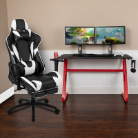 Flash Furniture BLN-X30RSG1030-BK-GG Red Gaming Desk and Black Footrest Reclining Gaming Chair Set with Cup Holder and Headphone Hook